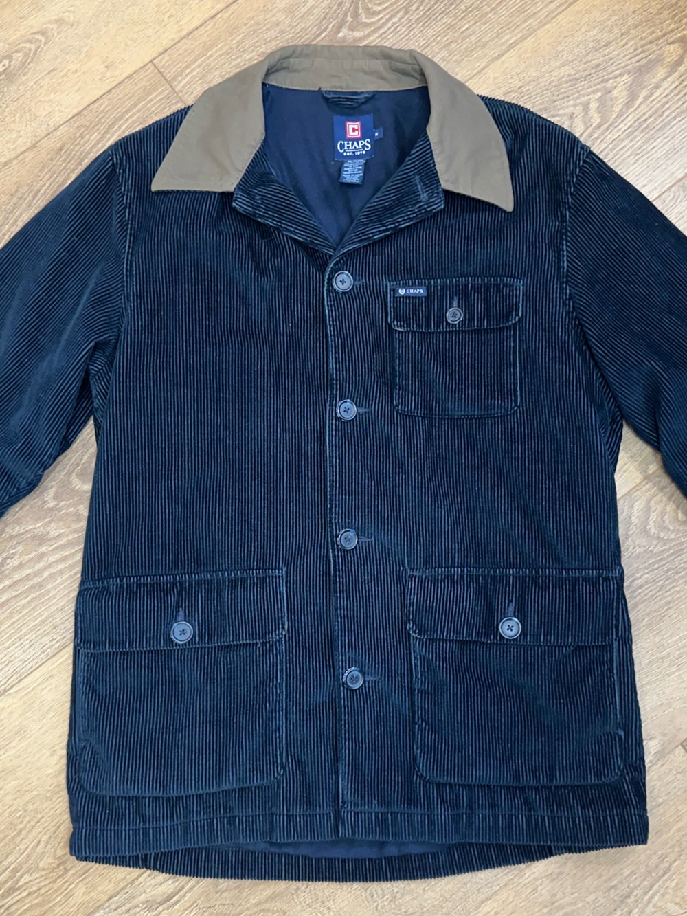 Chaps Navy Corduroy Chore Coat / Field Jacket with Tan Collar Medium